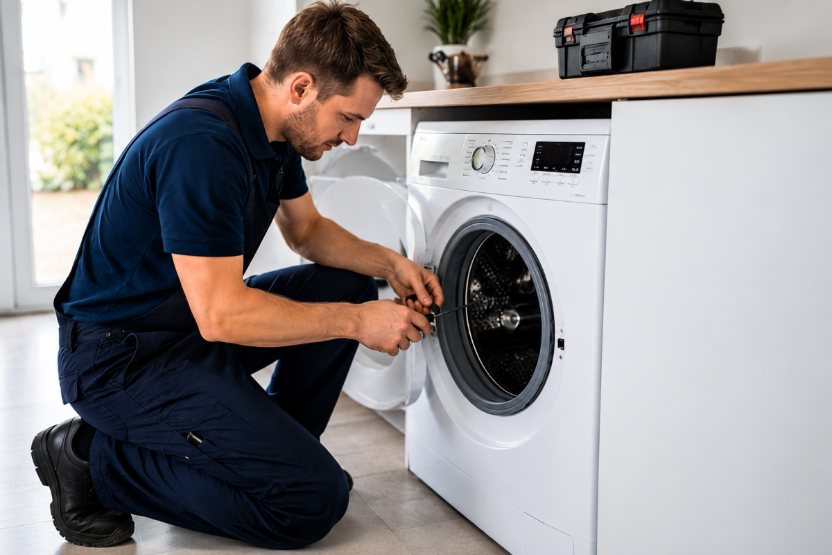 Washing machine repair engineer fixing appliance in Gosport